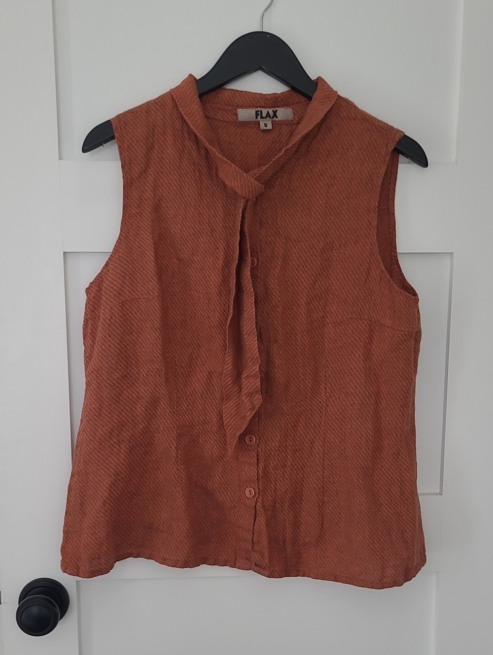 Flax Sleeveless Tie-Neck Blouse in Rusty Orange